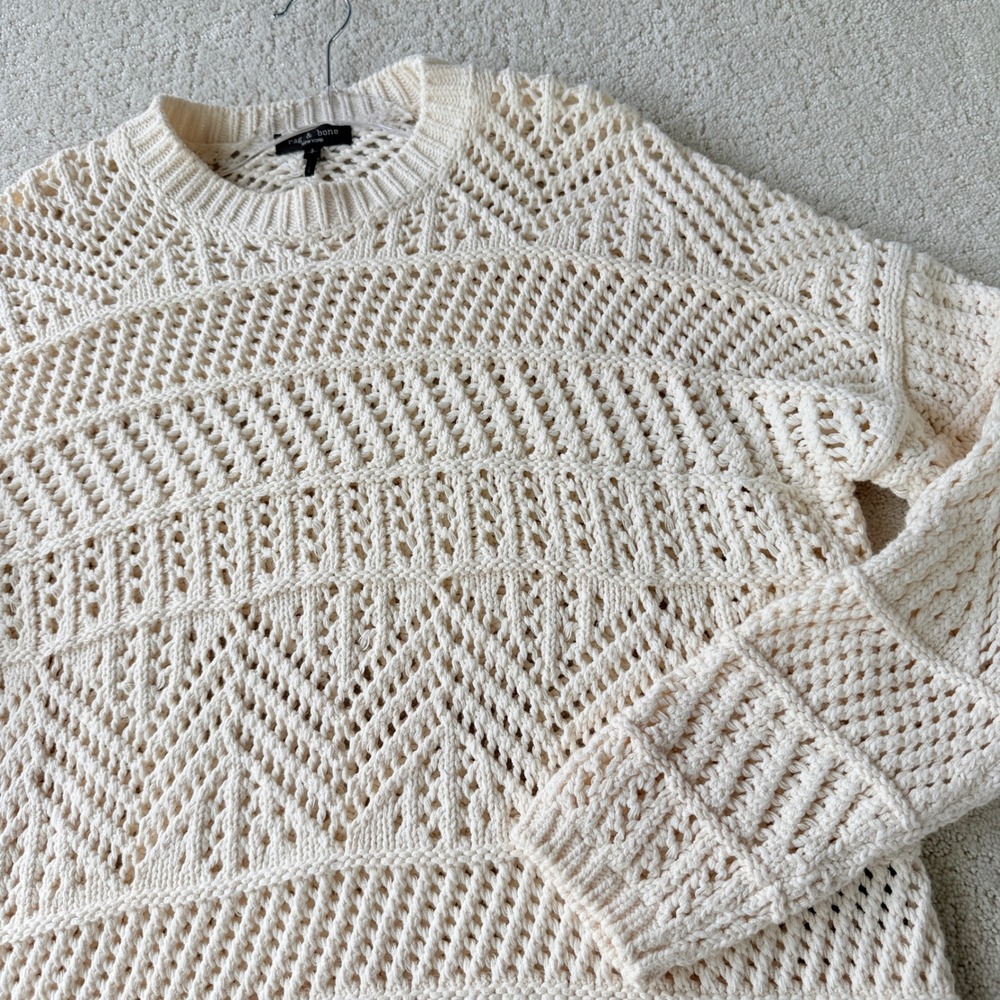 rag & bone Renee Crewneck Sweater Womens Small Ivory Open Weave Pointelle Cotton - Picture 2 of 10